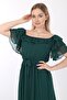 Women's Collar Flounced Belted Chiffon Emerald Green Shooting Dress - 5