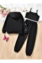 Black Butterfly Printed Girl's Zippered Jacket, Crop and Tracksuit Set - 2