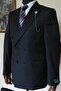 Blue Brown Striped Navy Blue Double Breasted Suit (NECK Tie - COLLAR DECORATION GIFT) - 3