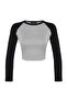 Gri Reglan Kol Ribana Fitted/Vücuda Oturan Crop Örme T-Shirt TWOAW24TS00000 - 6