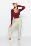 Burgundy Seamless/Seamless Crop Extra Stretchy Knitted Sports Top/Blouse TWOAW22BZ0450 - 2