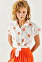 Women's Daisy Orange Patterned Linen Bat Shirt GML-19001129 - 3