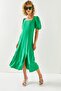 Women's Grass Green Square Collar Slit Midi Dress ELB-19001952