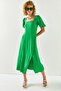 Women's Grass Green Square Collar Slit Midi Dress ELB-19001952 - 4