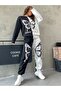 Women's Piece Butterfly Print Detailed Oversize 3 Thread Crew Neck Top-Bottom Black-White Suit - 5