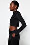 Siyah Dik Yaka Drapeli Crop Bluz TWOAW24BZ00164 - 4