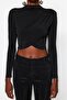 Siyah Dik Yaka Drapeli Crop Bluz TWOAW24BZ00164 - 5