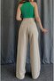 Neva Velcro Coated High Waist Beige Fabric Trousers - 3