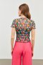 Women's Mixed Floral Patterned Short Sleeve Tulle Transparent Blouse - 2