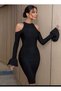Women's Black Shoulder Detail Sleeve-mouth Flounced Back Slit Silk Jersey Midi Dress - 3