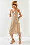 Women's Stone Strap A-Line Cut Linen Ayrobin Midi Dress ELB-19001944 - 2