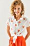 Women's Daisy Orange Patterned Linen Bat Shirt GML-19001129 - 2