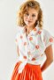 Women's Daisy Orange Patterned Linen Bat Shirt GML-19001129 - 4