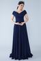 Navy Blue Boat Neck Double Breasted Woven Draped Fabric Maxi Length Evening Dress - 3