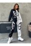 Women's Piece Butterfly Print Detailed Oversize 3 Thread Crew Neck Top-Bottom Black-White Suit - 3