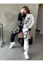 Women's Piece Butterfly Print Detailed Oversize 3 Thread Crew Neck Top-Bottom Black-White Suit - 4
