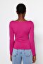 Fuchsia Cotton Stretchy Square Neck Fitted Blouse TWOAW24BZ00016 - 5