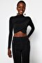 Siyah Dik Yaka Drapeli Crop Bluz TWOAW24BZ00164 - 3