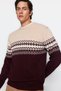 Burgundy Slim Fit Woolen Bicycle Collar Panel Jacquard Knitwear Sweater Tmnaw21Kz0738