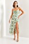 Women's Green Deep Slit Strappy Linen Dress 5902 40921034 - 4