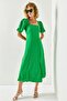 Women's Grass Green Square Collar Slit Midi Dress ELB-19001952 - 5