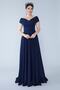 Navy Blue Boat Neck Double Breasted Woven Draped Fabric Maxi Length Evening Dress - 2