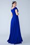 Sax Blue Boat Neck Double Breasted Woven Draped Fabric Maxi Length Evening Dress - 5