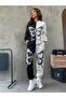 Women's Piece Butterfly Print Detailed Oversize 3 Thread Crew Neck Top-Bottom Black-White Suit - 6