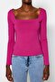 Fuchsia Cotton Stretchy Square Neck Fitted Blouse TWOAW24BZ00016 - 3