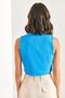 Women's Blue Buttoned Pocket Patterned Vest 11089 - 3