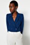 Navy Blue Crop Woven Blazer Jacket TWOAW24BC00023 - 2