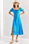 Women's Blue Square Collar Drawstring Polka Dot Dress 40921016