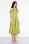 Pistachio Green Hanging Neck Ruffle Detail Off-Shoulder Draped Fabric Midi Length Graduation and Evening Dress - 6