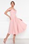 Powder Hanging Neck Ruffle Detail Off-Shoulder Woven Draped Fabric Midi Length Graduation and Evening Dress - 4