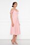 Powder Hanging Neck Ruffle Detail Off-Shoulder Woven Draped Fabric Midi Length Graduation and Evening Dress - 6