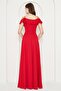 Flexible Crepe Fabric Thin Straps Flounced Collar Detailed Slit Long Red Evening Dress 582190 - 3