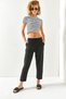 Women's Black Elastic Waist 4 Pocket Leg Detailed Linen Trousers PNT-19000240 - 6