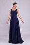 Navy Blue Square Collar Sleeveless Wide Strap Woven Draped Fabric Maxi Length Flared Evening Dress - 2