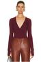 Women's Burgundy Finger Snap Placket V Neck Silk Jersey Bodysuit