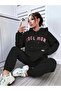 Plus Size Women's Pink Cool Mom Printed 3 Thread Hooded Tracksuit Set