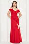 Flexible Crepe Fabric Thin Straps Flounced Collar Detailed Slit Long Red Evening Dress 582190 - 8