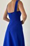 Women's square neck thick strap designed midi length cobalt blue dress 151 - 3