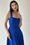 Women's square neck thick strap designed midi length cobalt blue dress 151 - 7