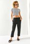 Women's Black Elastic Waist 4 Pocket Leg Detailed Linen Trousers PNT-19000240 - 2