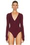 Women's Burgundy Finger Snap Placket V Neck Silk Jersey Bodysuit - 2