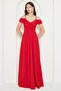 Flexible Crepe Fabric Thin Straps Flounced Collar Detailed Slit Long Red Evening Dress 582190 - 5