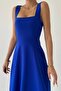 Women's square neck thick strap designed midi length cobalt blue dress 151 - 2