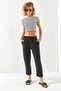 Women's Black Elastic Waist 4 Pocket Leg Detailed Linen Trousers PNT-19000240 - 4