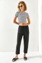 Women's Black Elastic Waist 4 Pocket Leg Detailed Linen Trousers PNT-19000240 - 7