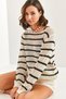 Women's White Black Striped Openwork Seasonal Knitwear Sweater 20234913 - 5